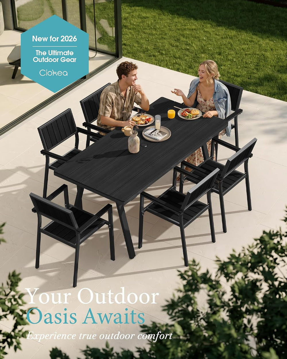 Aluminum Outdoor Dining Set of 6, Patio Table and Stackable Chairs, Black