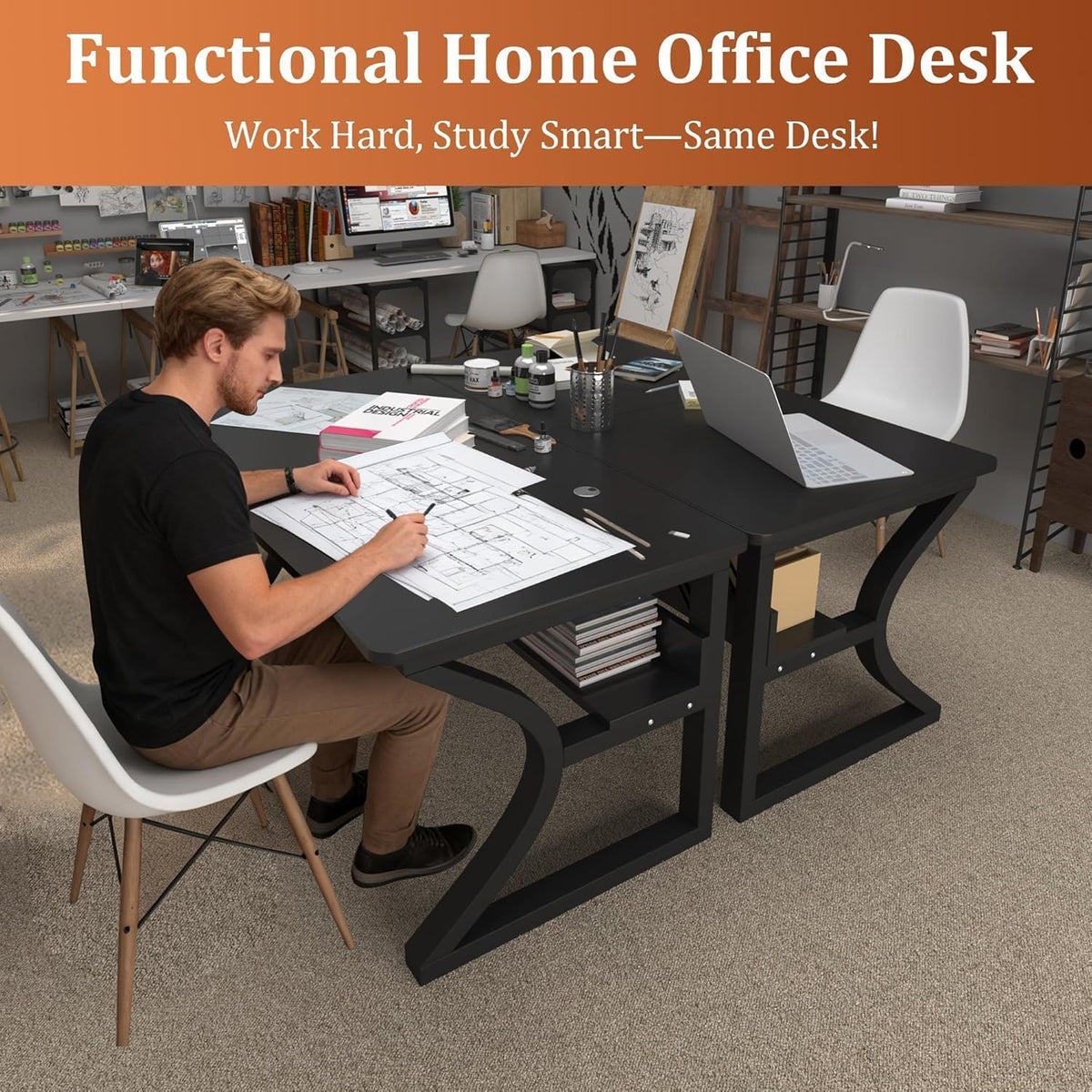 47 inch Computer Desk, Home Office Desk with Storage Shelf, Sturdy U-Shaped Metal Frame Study Table with Cable Management, Gaming Desk for Office & Bedroom (Black, 47inch)