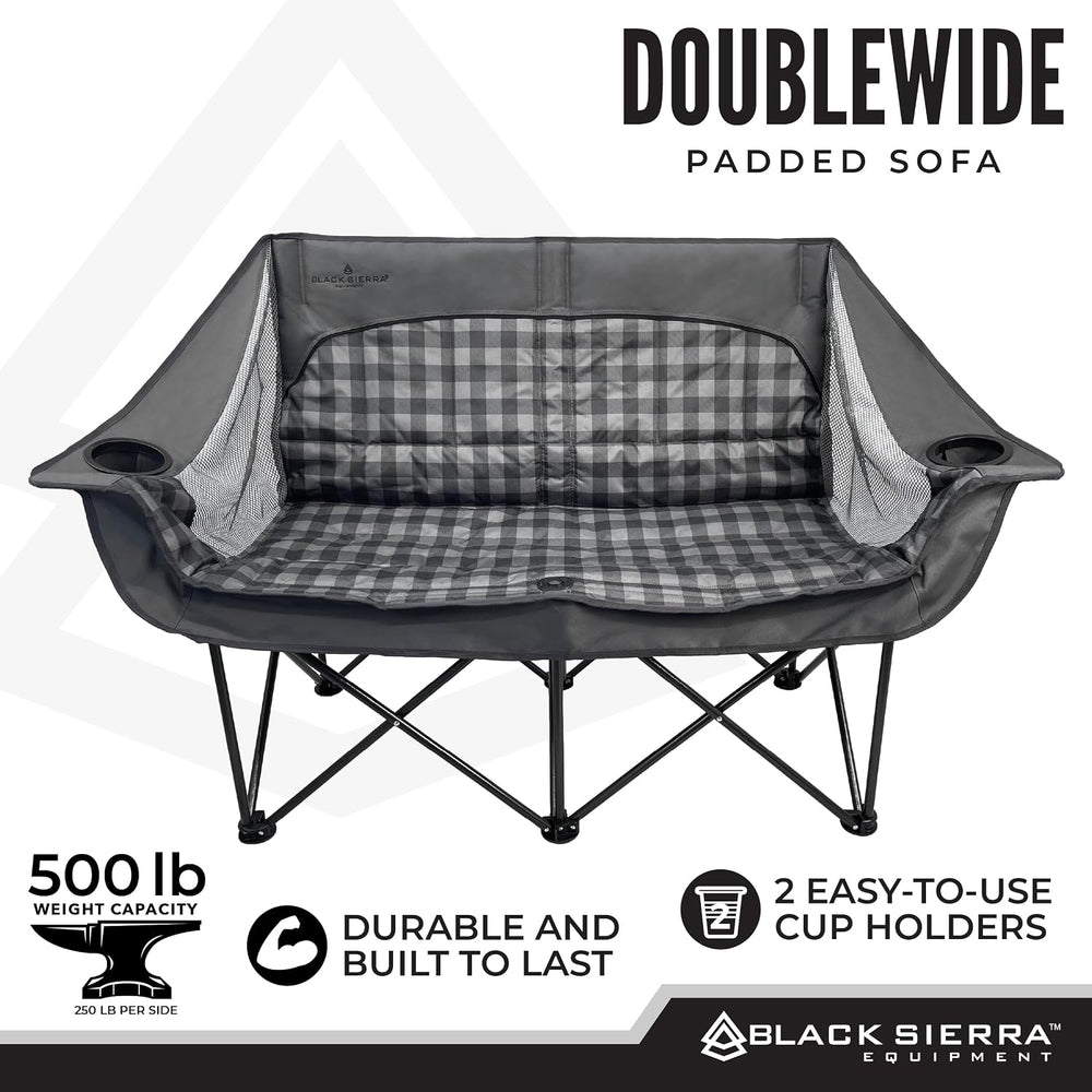 Black Sierra Double Camping Chair Loveseat, Oversized Padded, 600 lb