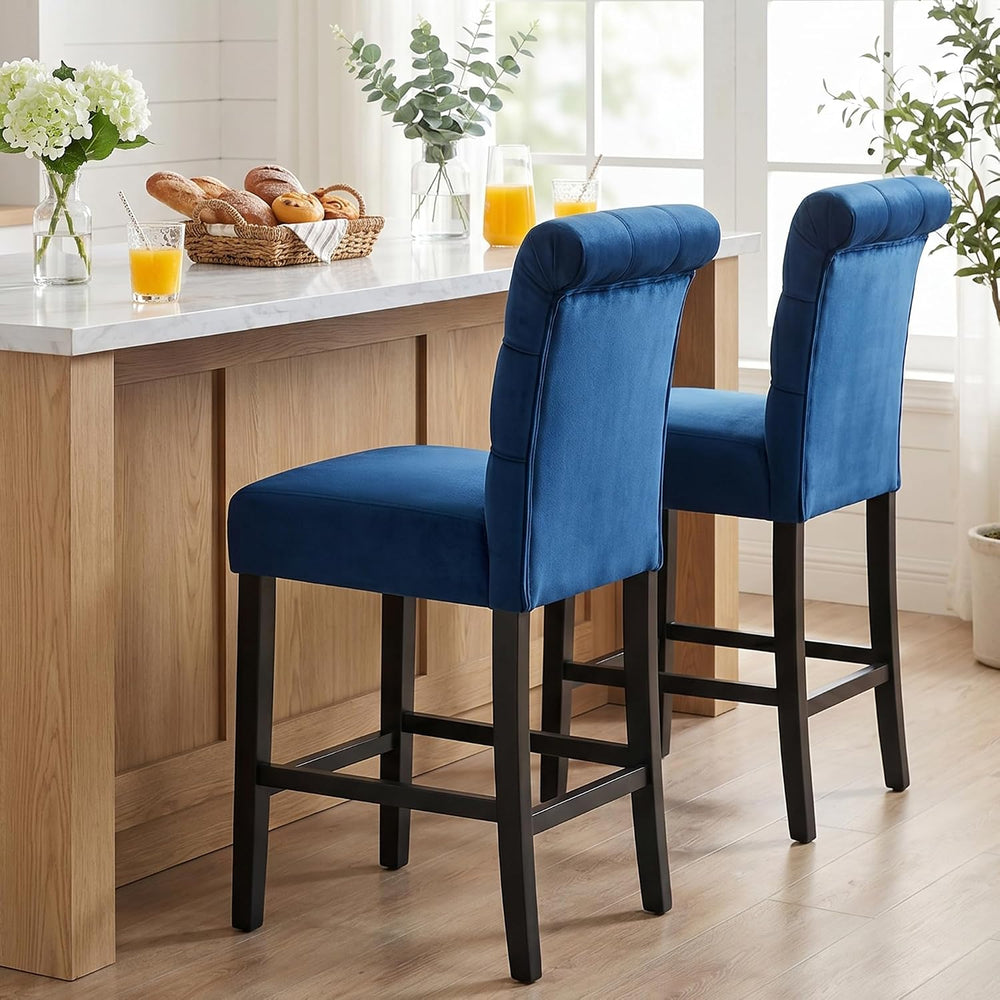 26" Button Tufted Bar Stools Set of 2 Velvet Upholstery, Blue