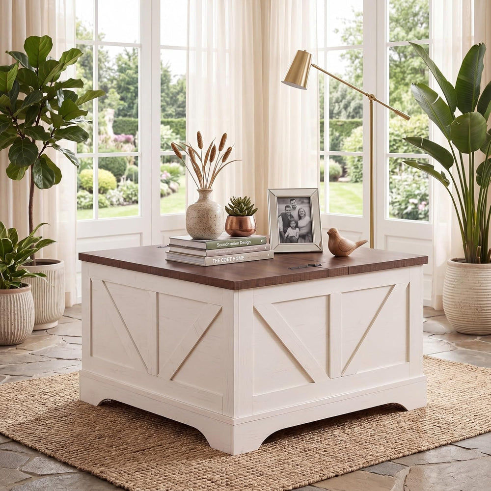 Tangkula Farmhouse Lift Top Coffee Table with Storage, Rustic Brown + White
