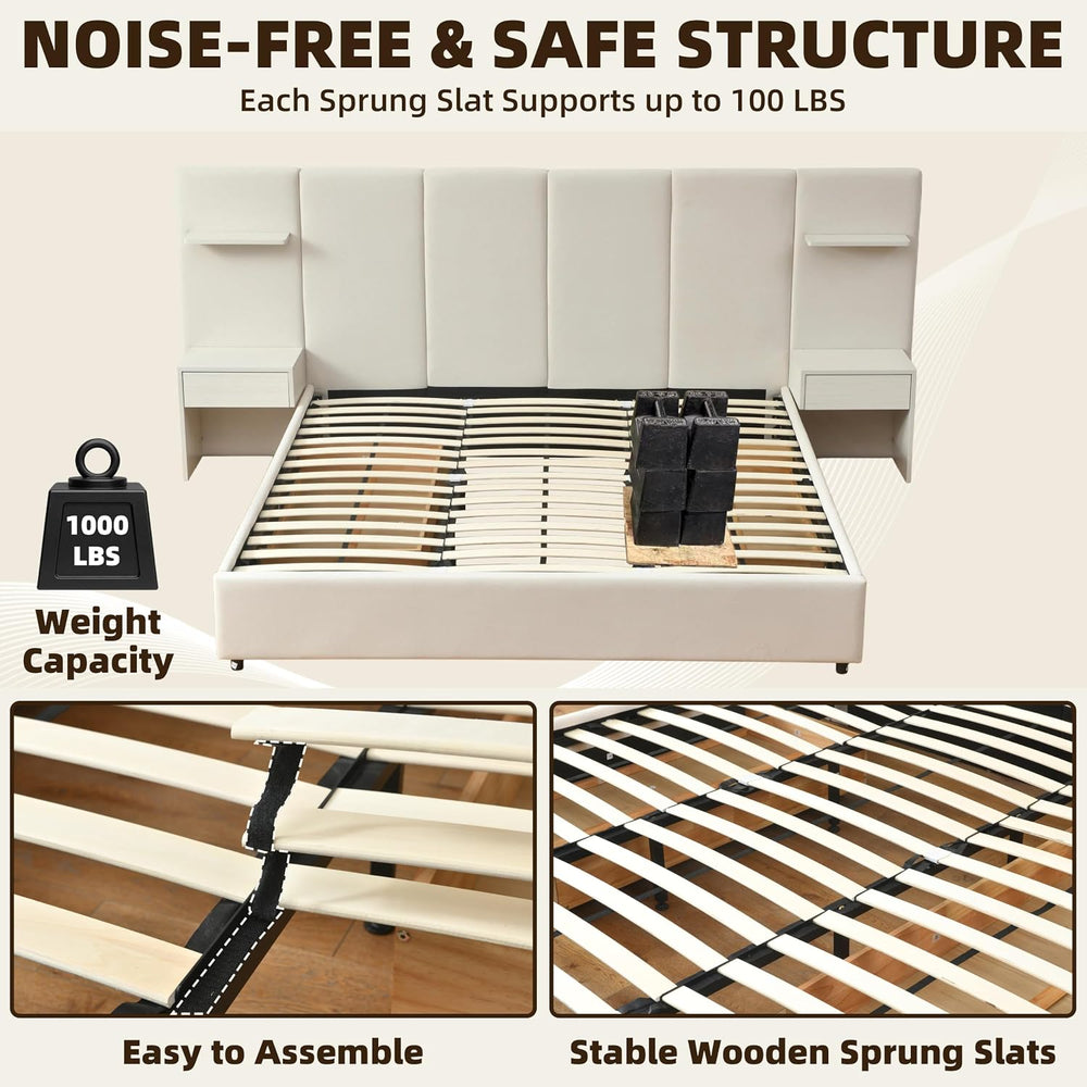 King Size Bed Frame with Storage & Built-in Nightstands & Drawers, Beige