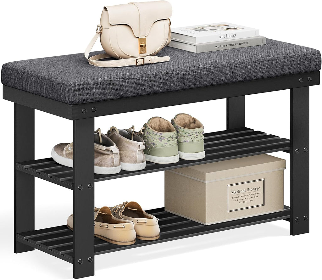 SONGMICS Bamboo Shoe Bench, 3-Tier Shoe Rack Organizer for Entryway, Living Room, Bench Seat Holds Up to 300 lb, 11.9 x 28.3 x 19.2 Inches, Ink Black and Slate Gray ULBS604B01