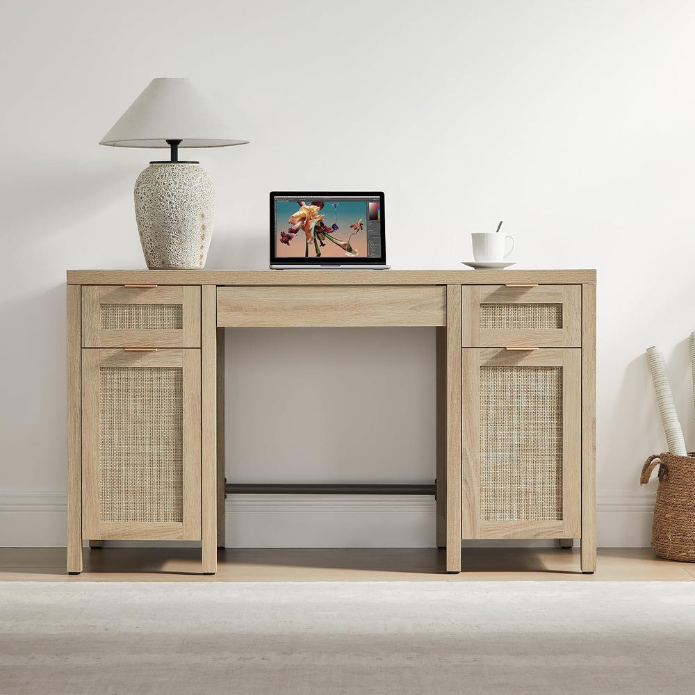 SICOTAS Rattan Home Office Desk with Storage, 52" Boho Executive Desk