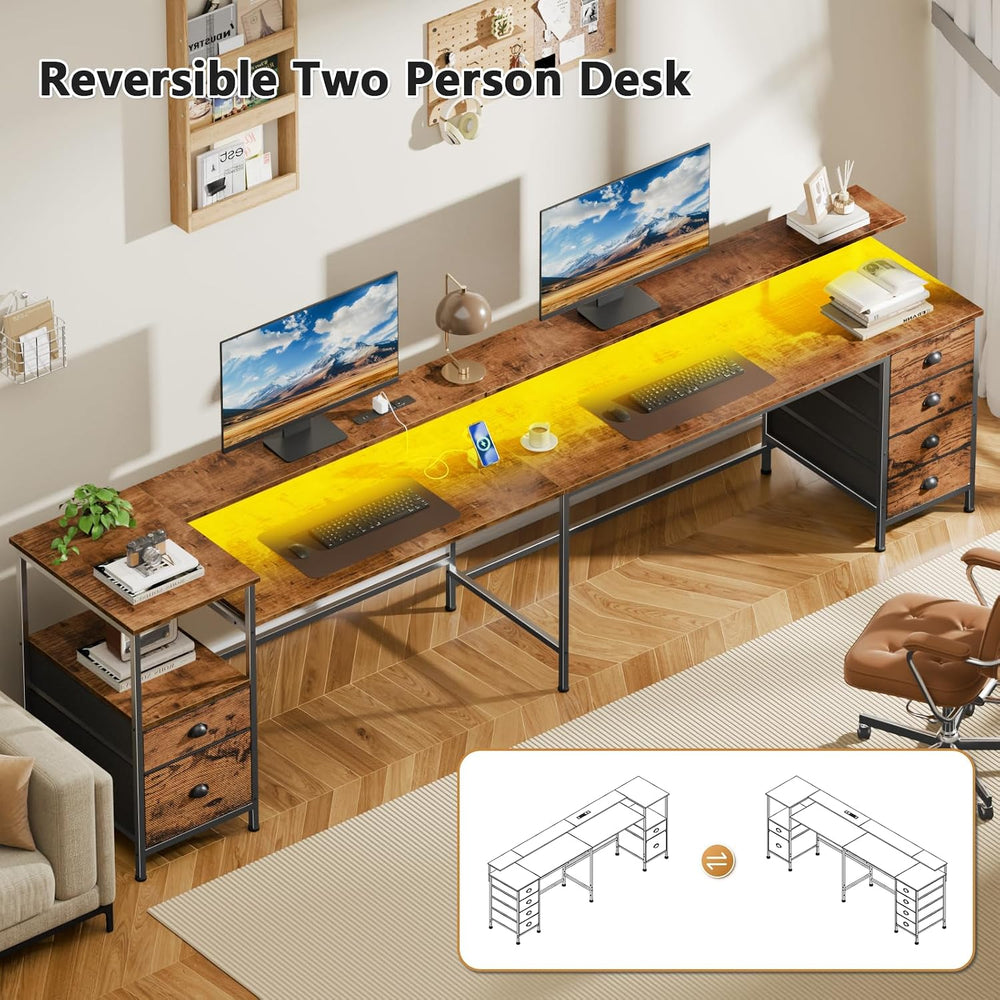 Furologee 95'' Two Person Computer Desk with 6 Drawers, LED, Rustic B...