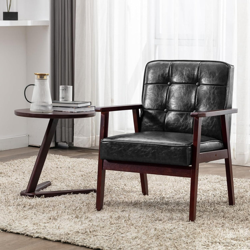 Okeysen Mid Century Modern Accent Chair, Retro Wood and Leather Armchairs Sid...