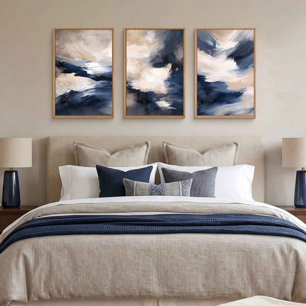 HLNIUC Blue Beige Abstract Wall Art Set of 3(16x24), Navy Brush Stroke Modern...