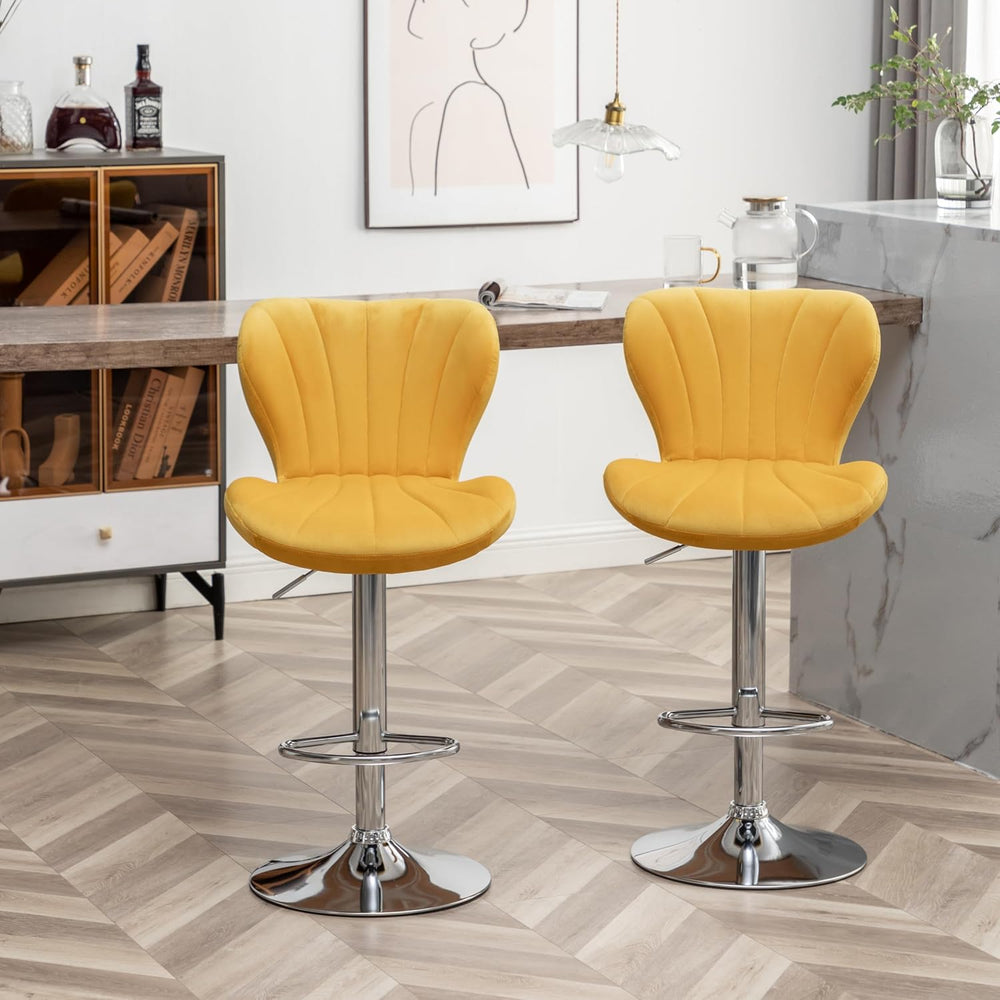 Roundhill Furniture Ellston Velvet Adjustable Swivel Barstools in Yellow, Set...