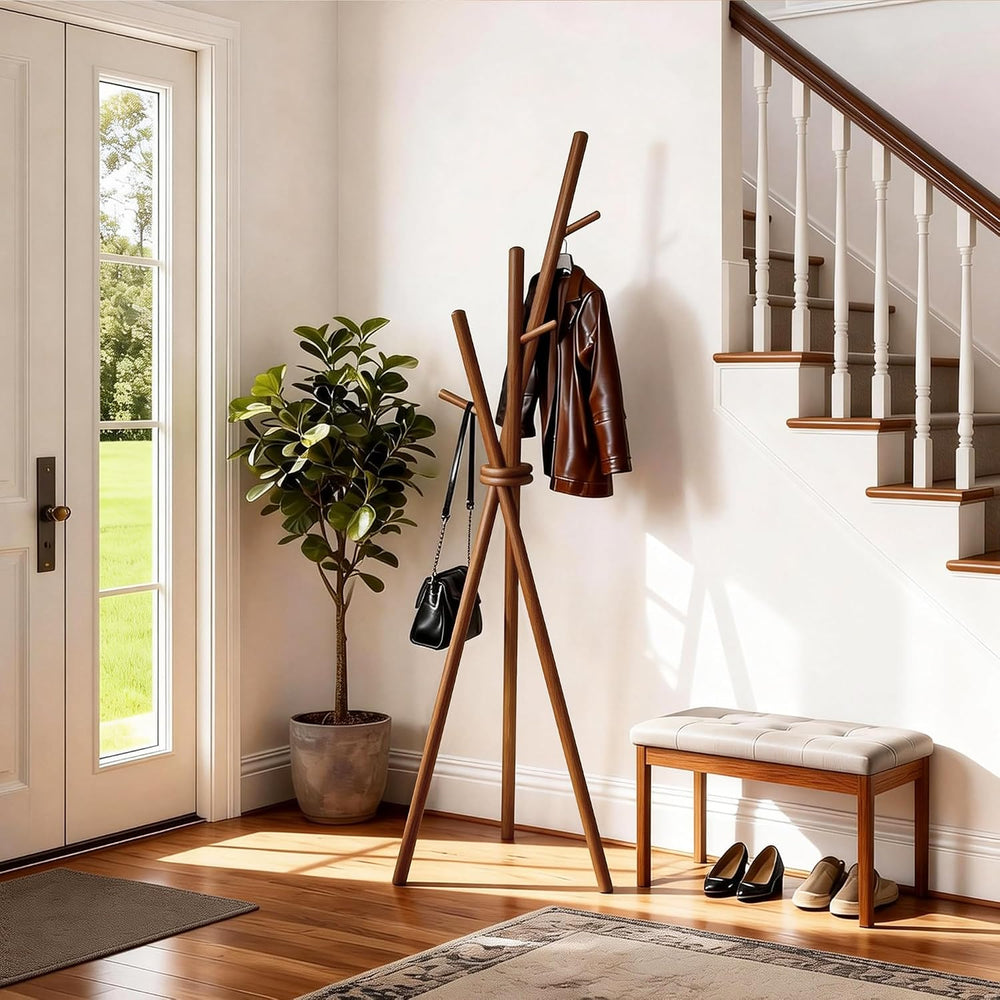 VICITON Wooden Coat Rack, Tripod Coat Tree Freestanding with 3 Hooks for Clot...