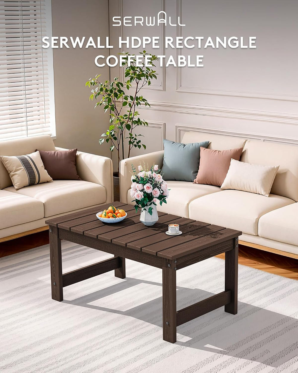 SERWALL HDPE Outdoor Coffee Table with Umbrella Hole, Coffee