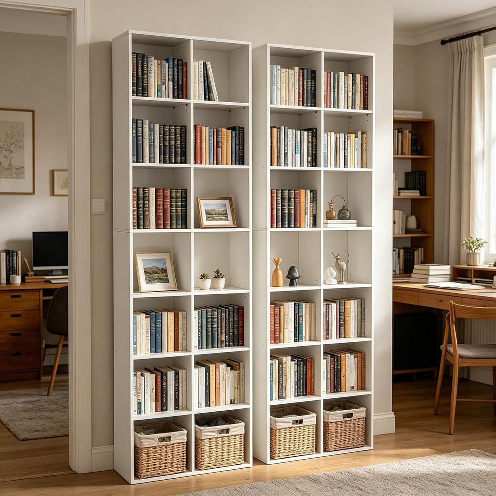 71" Tall Shallow Bookcase DVD Storage Shelf, 14 Cubes 7 Tier Narrow Wide...