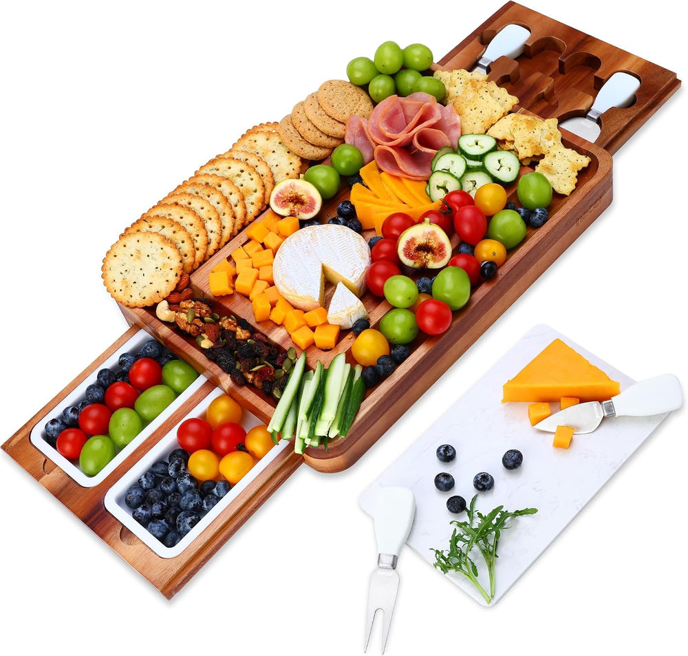 hecef Cheese Board Set Acacia Wood - Large Charcuterie Board with Stainless S...