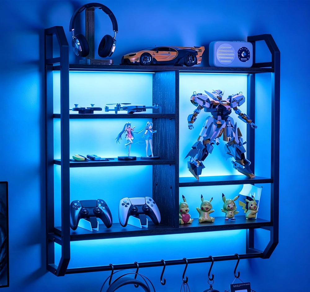 34 Inch Gaming Shelf, 6-Tier with LED Floating Shelf for Wall