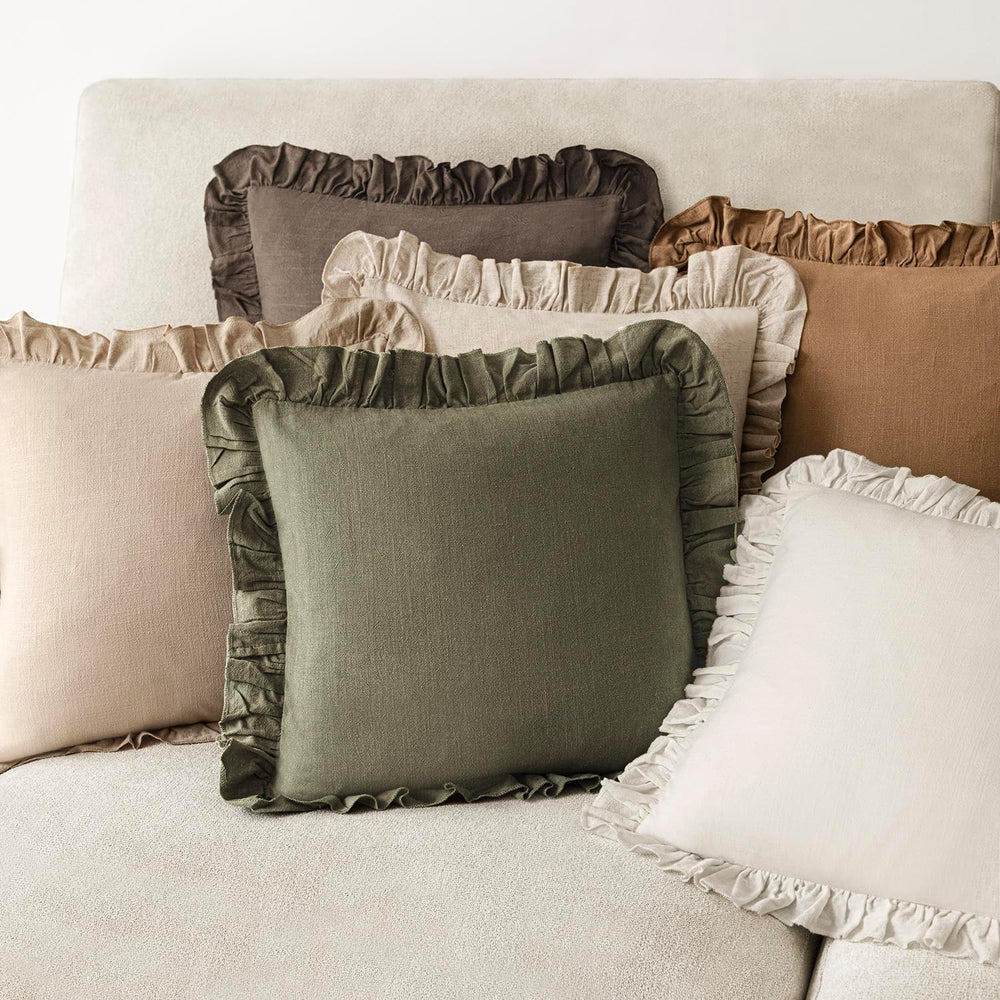 Foindtower Linen Fringe Ruffle Throw Pillow Covers 24×24 Inch Olive Green