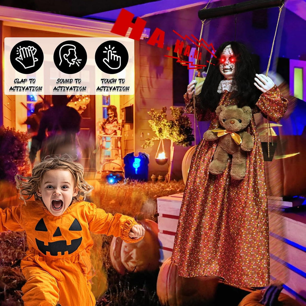 Scary Halloween Decorations Outdoor, Halloween Hanging Swinging Girl Ghots Decor with Creepy Sound and Light Up Eyes Sound, Creepy Props for Yard Trees Graveyard Haunted House Indoor Outside