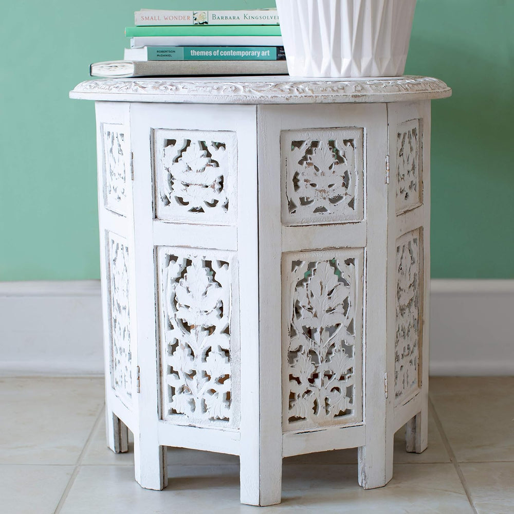 COTTON CRAFT Solid Wood End Table - Hand Carved Folding Accent Side Table