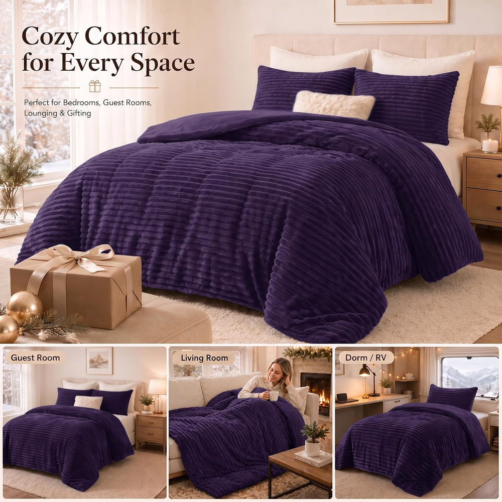 CozyLux Fleece Queen Comforter Set, 3 Piece Winter Warm Purple Bedding
