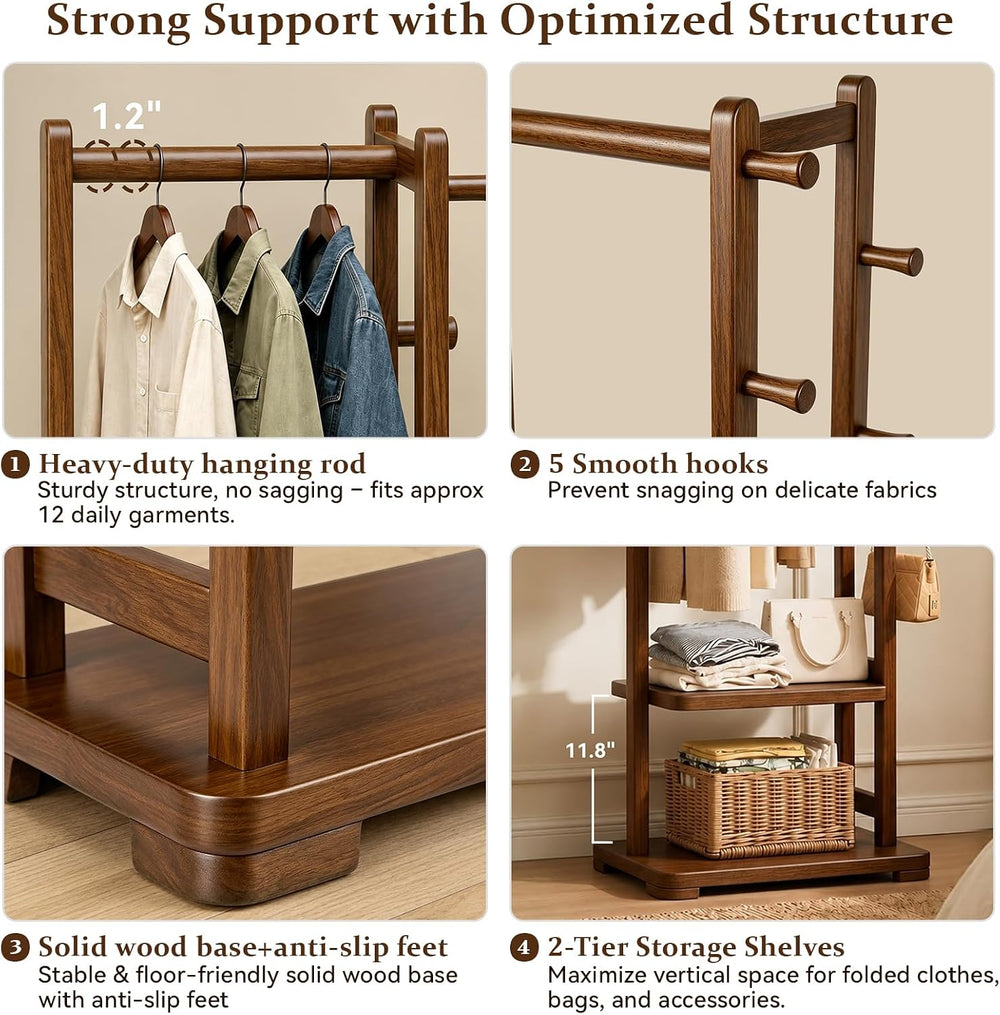 Taitiy Coat Rack Solid Wood Hall Tree Storage 2 Shelves 5 Hooks