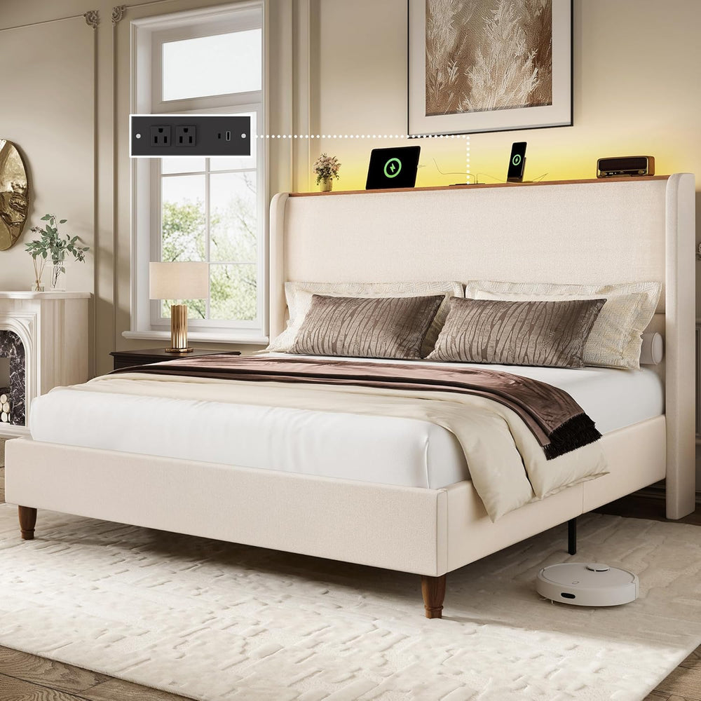 BRELTAM King Size Bed Frame with 51.2" Tall Headboard Wingback Linen Uph...