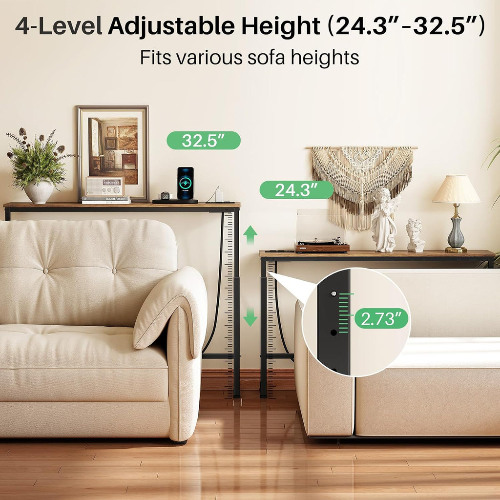Kitstorack 94.5" Behind Couch Table, Height Adjustable Narrow Console | 24.3"-32.5" range, split for separate walls, 2 outlets, anti-scratch feet, rustic brown, ideal narrow sofa table