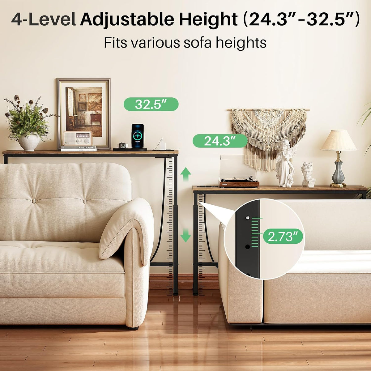 Kitstorack 94.5" Behind Couch Table, Height Adjustable Narrow Console | 24.3"-32.5" range, split for separate walls, 2 outlets, anti-scratch feet, rustic brown, ideal narrow sofa table