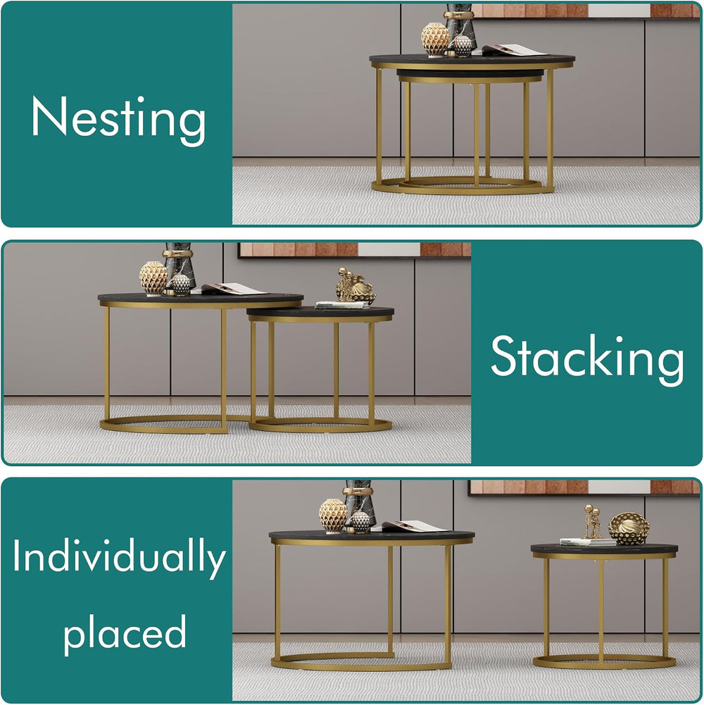 27.56 inch Small Round Nesting Coffee Table Set of 2 for Living Room, Wood Gr...