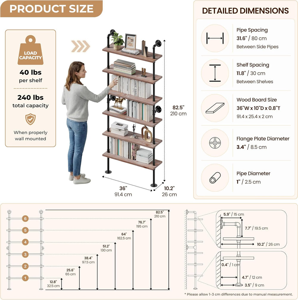 Industrial Pipe Bookshelf, Wall Mounted Shelf, 36 Inch, Weathered Brown