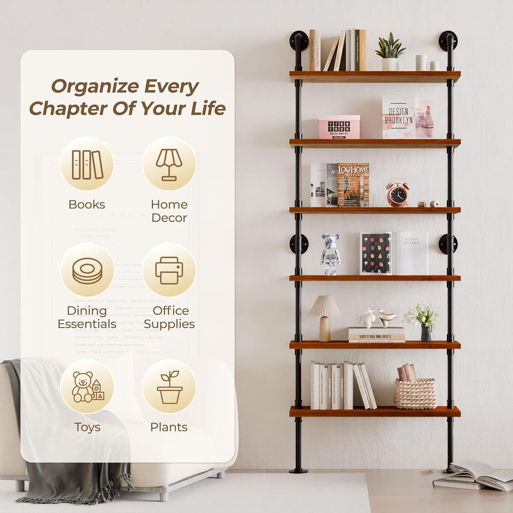Industrial Pipe Bookshelf, Wall Mounted Shelf, 36 Inch, Walnut Brown