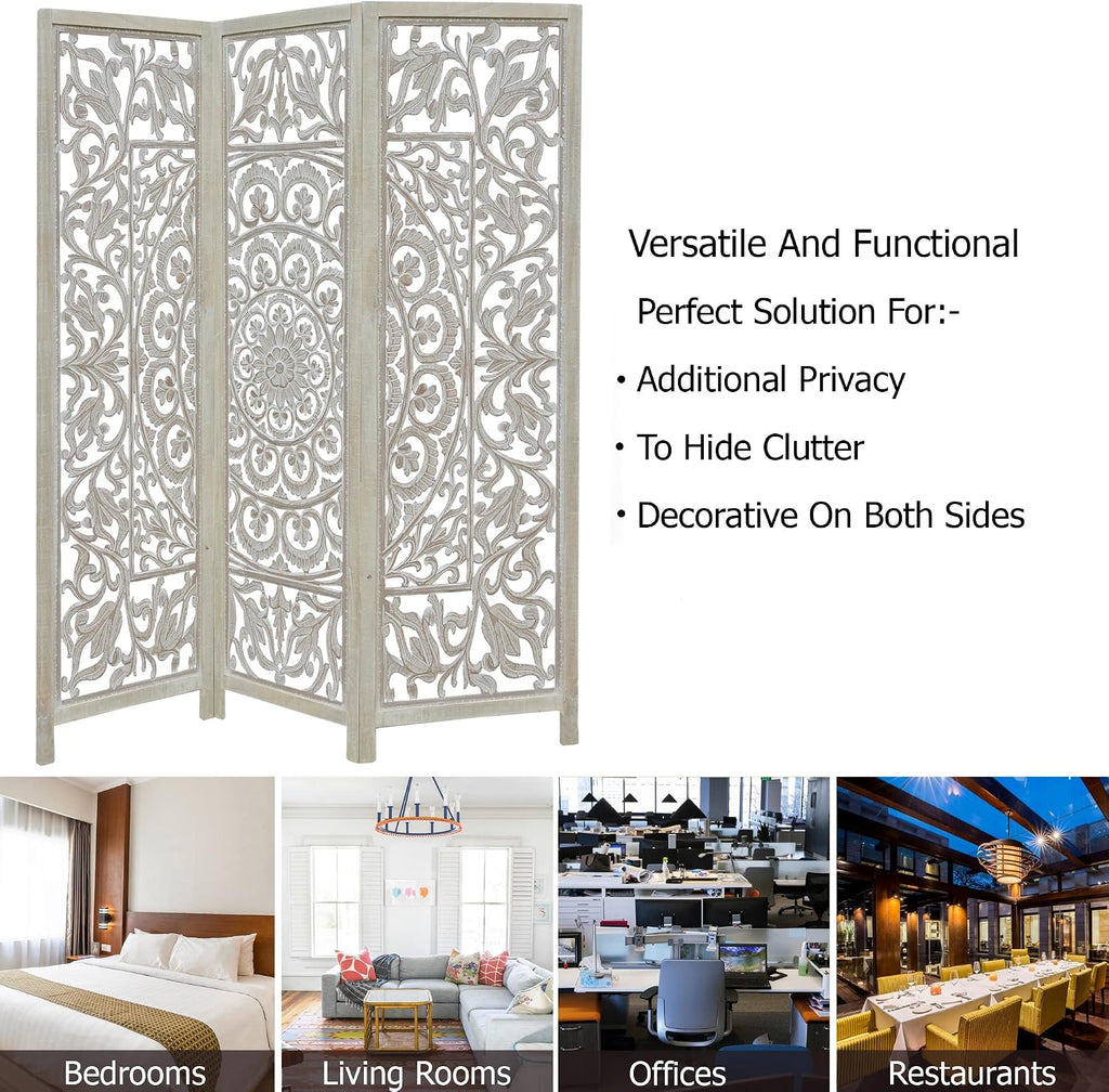 COTTON CRAFT Room Divider Wood Screen - Hand Carved Folding 3 Panels 60x72
