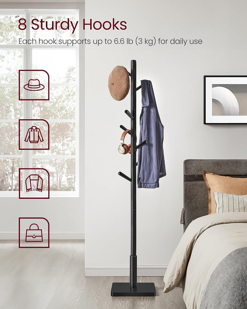 VASAGLE Solid Wood Coat Rack, Free Standing, 8 Hooks, 3 Height Options