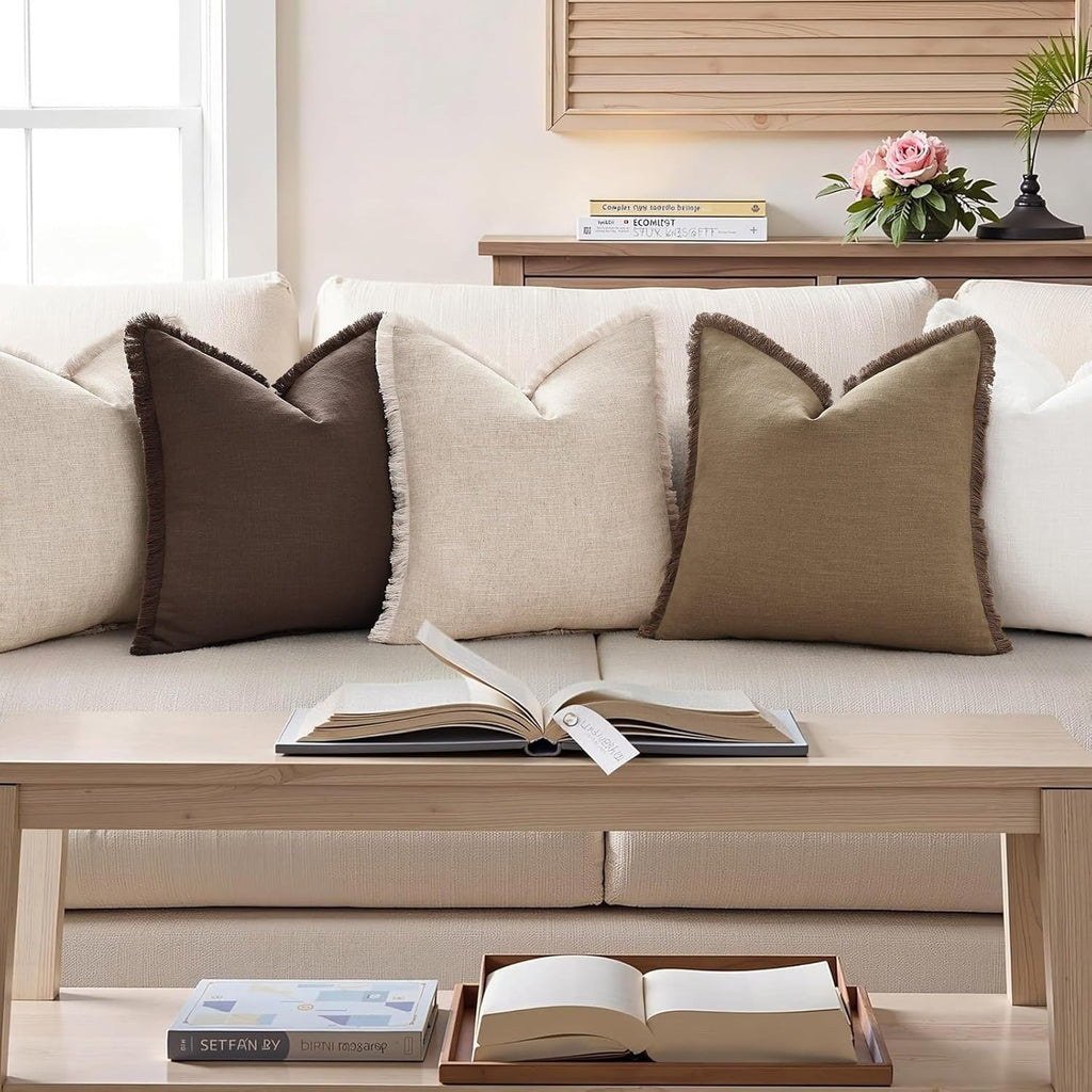 decorUhome Linen Fringe Chocolate Throw Pillow Covers 18x18 Set of 2