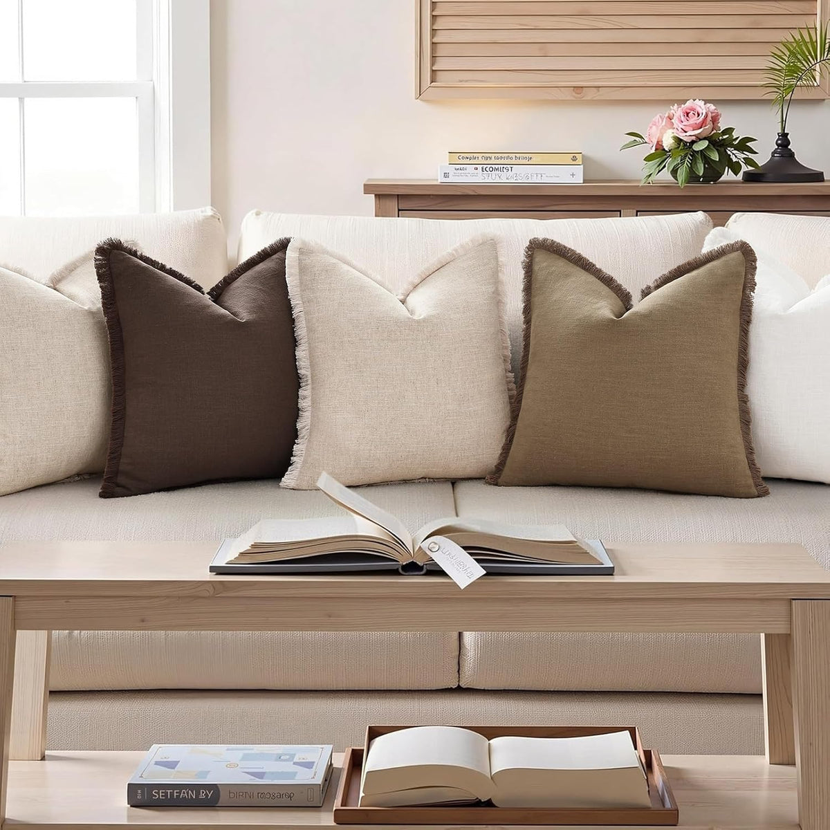 decorUhome Linen Fringe Chocolate Throw Pillow Covers 18x18 Set of 2