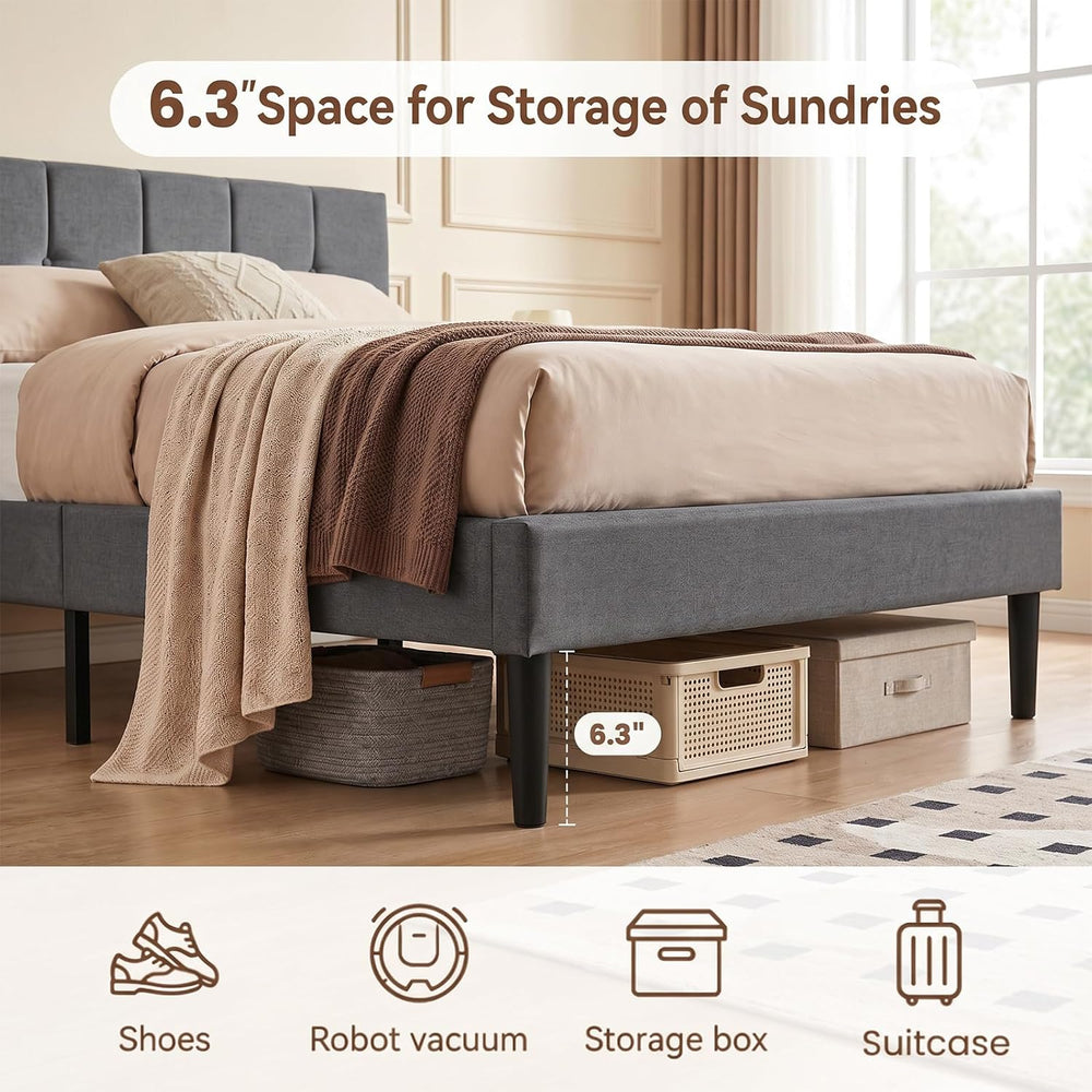 Twin Bed Frame, Completed Linen Upholstered Headboard, Dark Gray