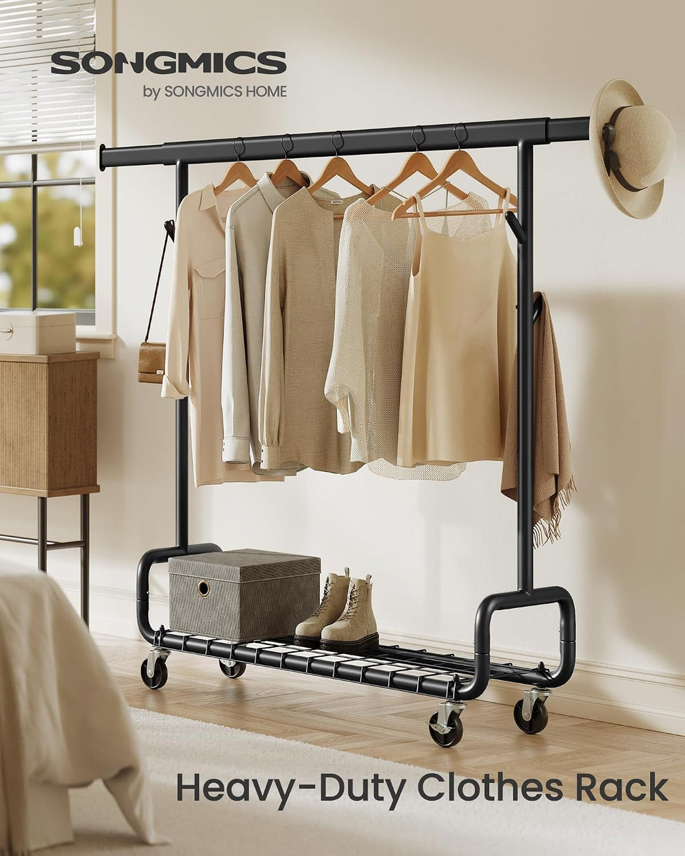 SONGMICS Clothes Rack, Heavy-Duty Rolling Garment Rack with Shelf
