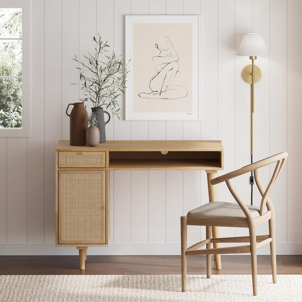 Nathan James Aaron Modern Desk with Storage, Natural Rattan Table with Square...