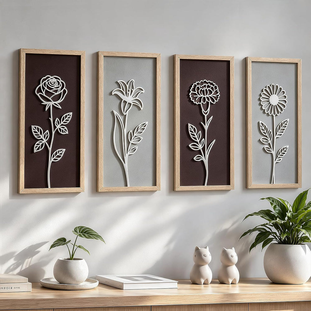 3D Wooden Floral Framed Wall Art Set of 4,16x7 Inch Boho Wall Decor