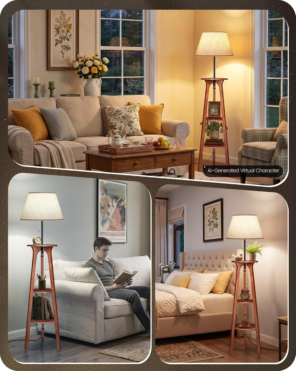 3 Tier Shelf Floor Lamps, Wood Tripod Floor Lamp, Linen Lampshade