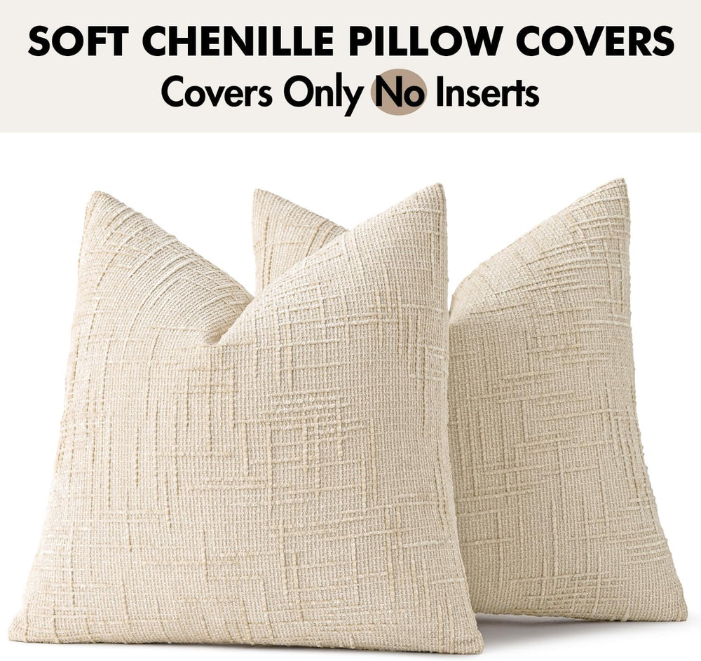 MIULEE Chenille Textured Euro Throw Pillow Covers Beige 22x22 Set of 2