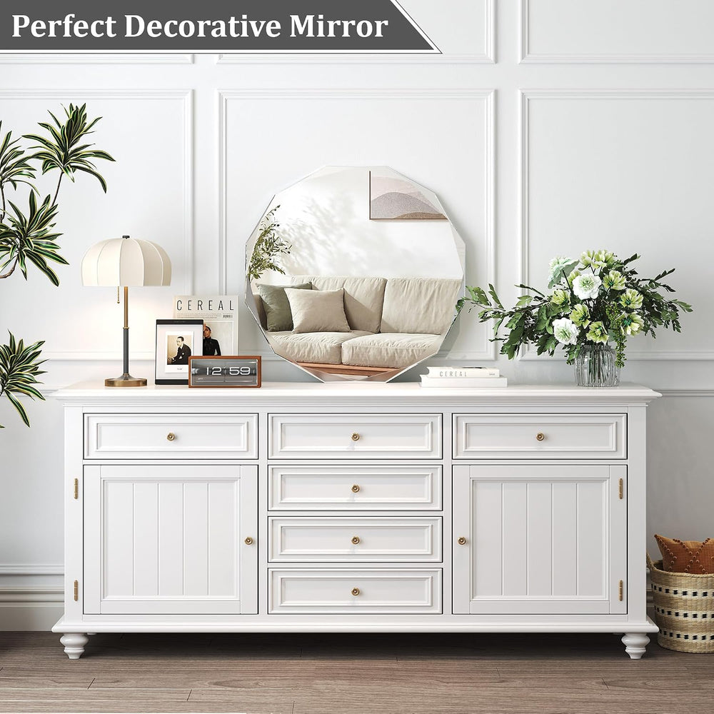 Krymnar 30x30 Inch Round Beveled Bathroom Mirror, Circle Frameless Copper-Fre...