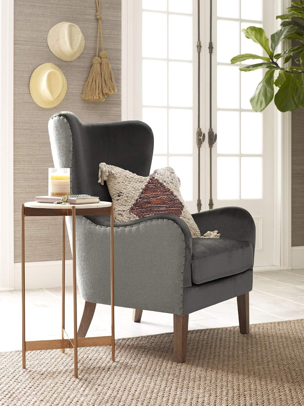 Elle Decor Modern Farmhouse Wingback Chair, Dark Gray/Gray