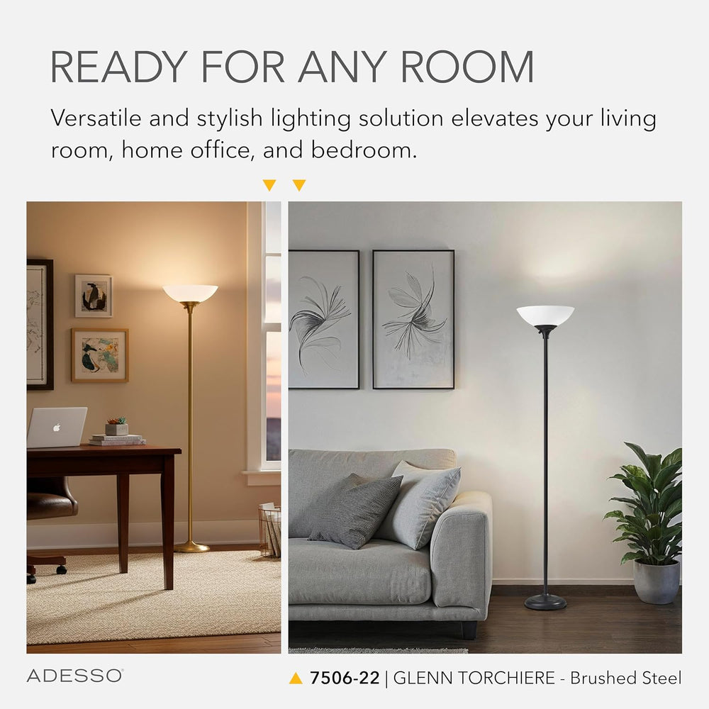 Adesso Dual-Socket Floor Lamp, Brushed Steel & White, 3-Way, 71”