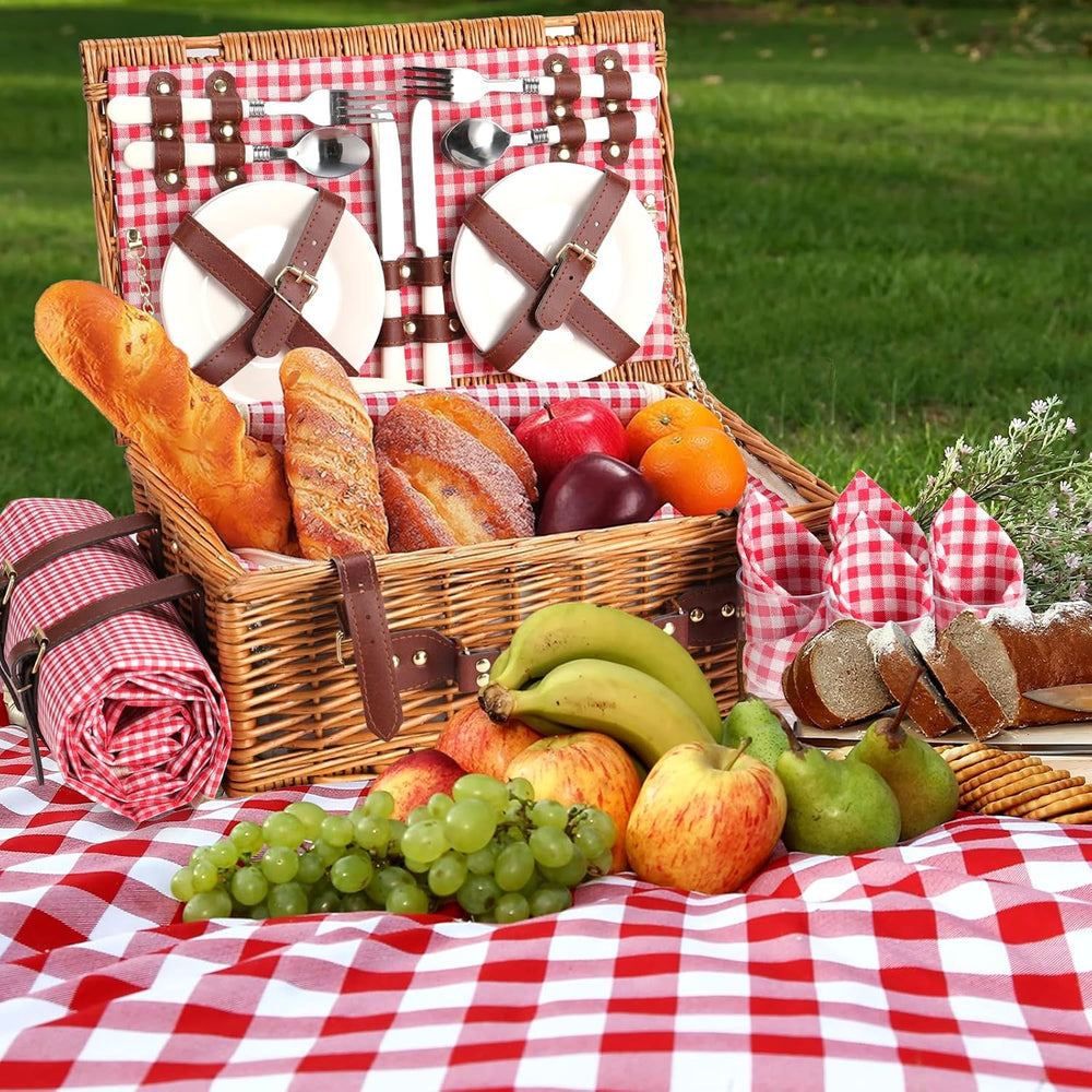 Neti Neti Wicker Picnic Basket for 4, Insulated Set with Blanket