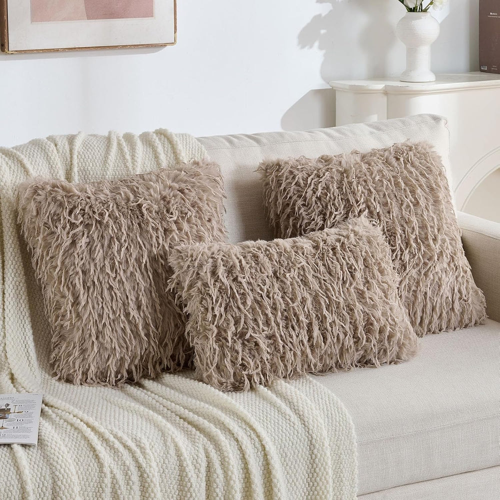 FUTEI Pack of 2 Fluffy Faux Fur Throw Pillow Covers 24x24 Inch, Khaki