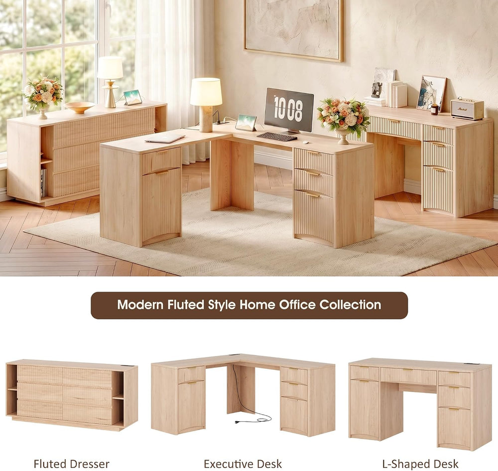 Whalefall 63'' Fluted L Shaped Desk with Drawers, Natural Oak