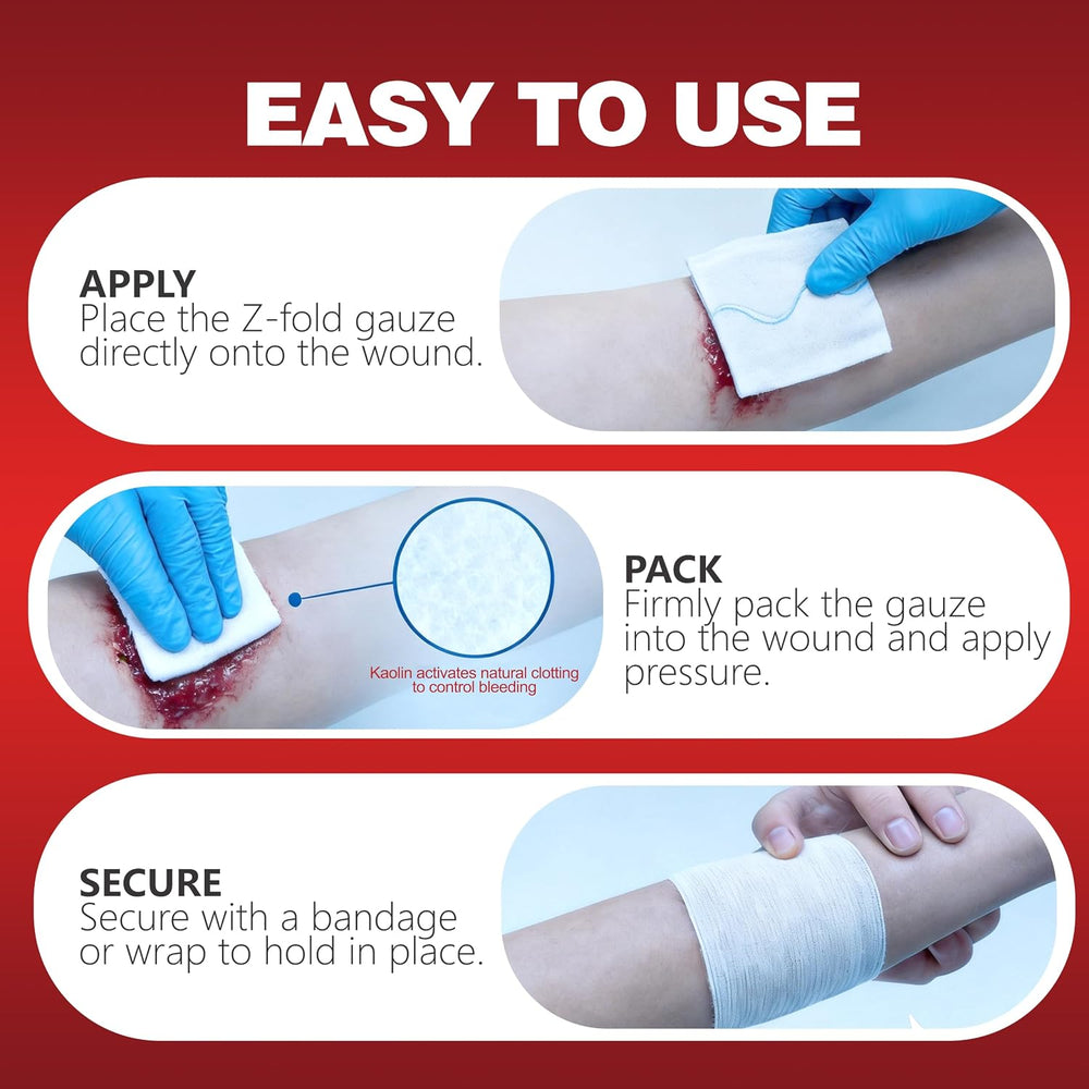 Kaolin Hemostatic Gauze for Emergency First Aid, 3 Pack