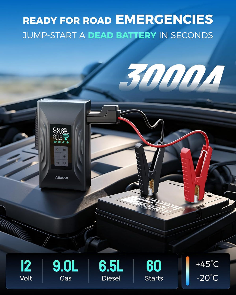 ASMAX T20 7-in-1 Jump Starter with Air Compressor, 3000A Portable Jump Box