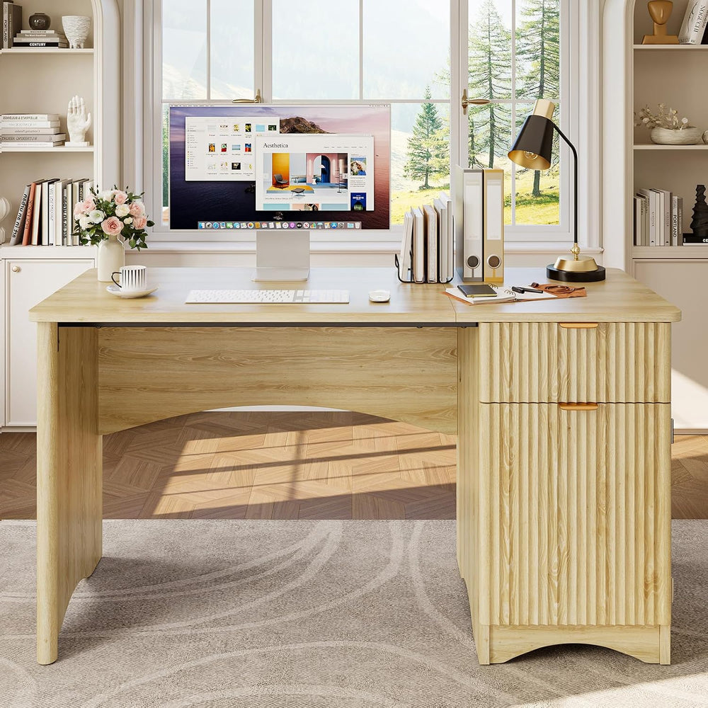 Bestier 47 inch Fluted Computer Desk with Drawer, Office Desk with File Cabin...