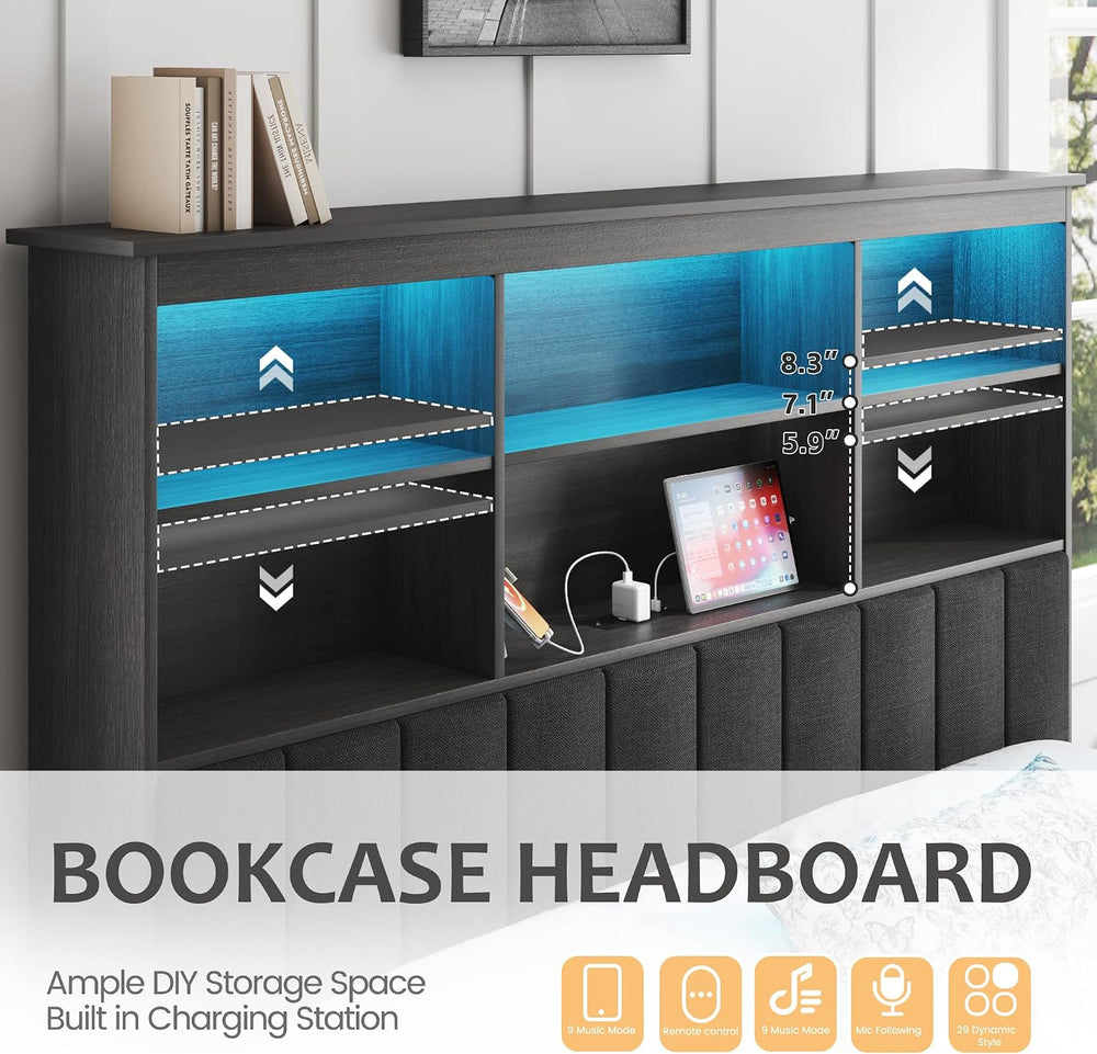 HISOFT Queen Bed Frame with Storage Headboard, Wooden Bed with High Storage B...