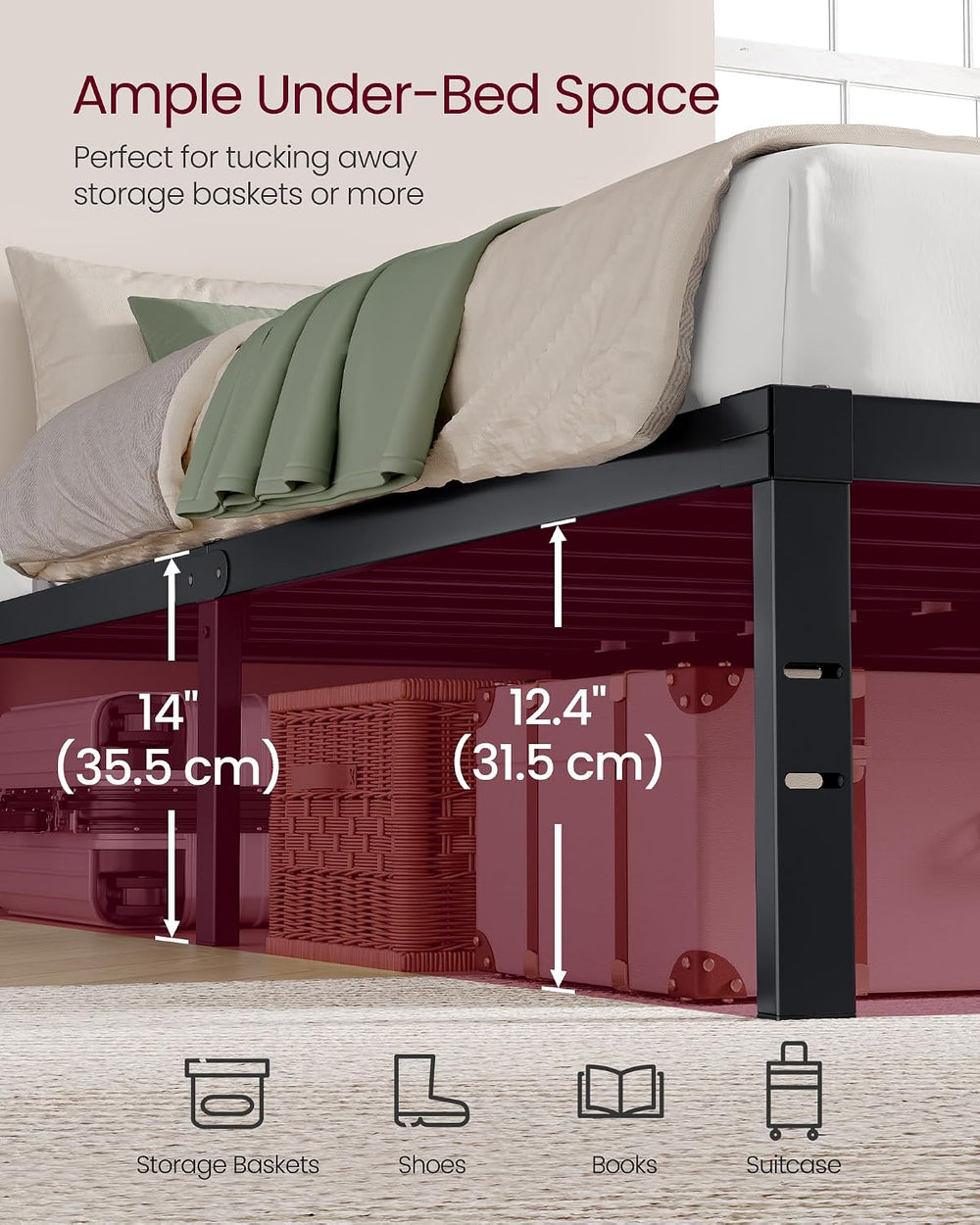 VASAGLE Twin Metal Bed Frame, 14 Inches Tall, 550 lb Weight Capacity