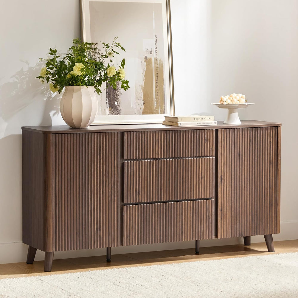 CHITA 62" Fluted Sideboard Buffet Cabinet with 3 Drawers, Walnut